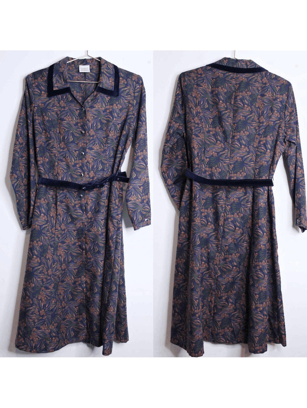 VTG Navy Purple Orange Floral A Line Midi Belted Dress - Small
